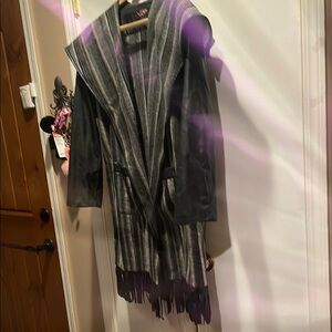 Vakko Black and Gray Fringed Coat